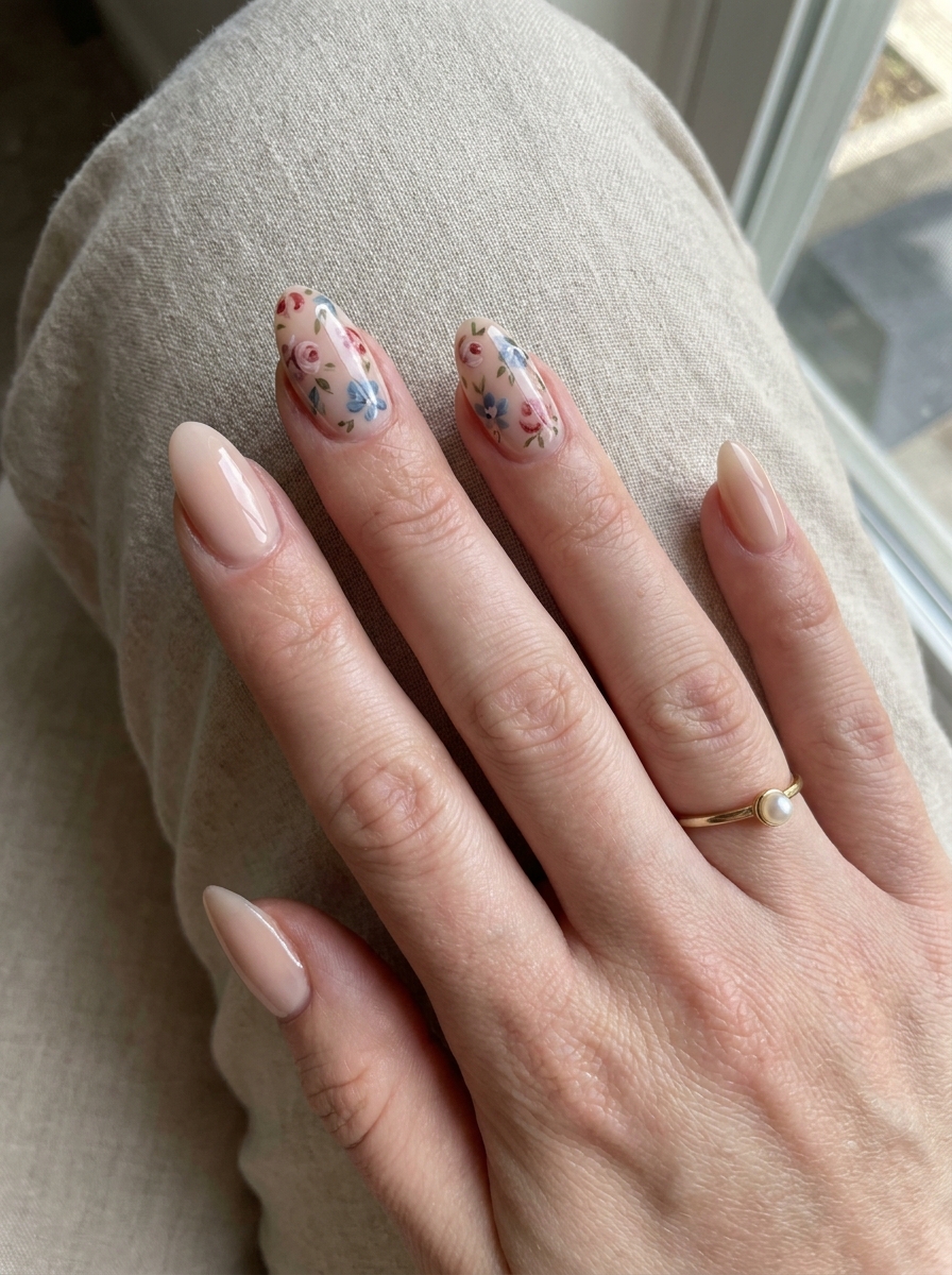Vintage Floral Nails mit kleinen retro-inspirierten Blüten